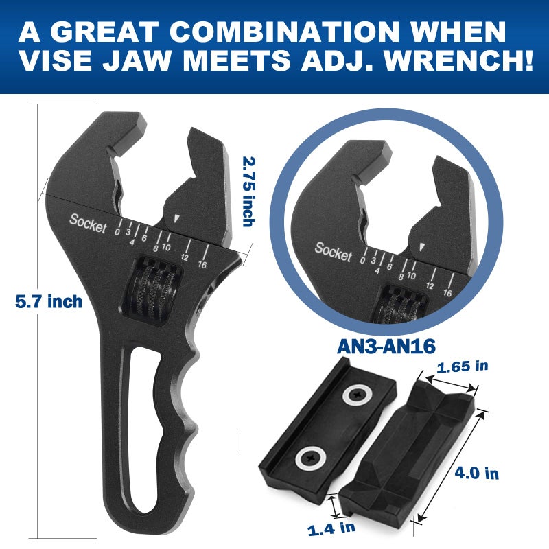 BRIFITOR AN Fittings Wrench 3AN-16AN Adjustable Aluminum Hose Fitting Wrench  Black (With 4"" Vise Jaws Pads) - Image 2